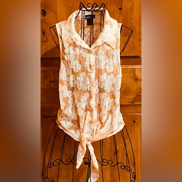 Wet Seal Sheer Button Up Front Tie Blouse Juniors Large Orange White Floral - Picture 1 of 6